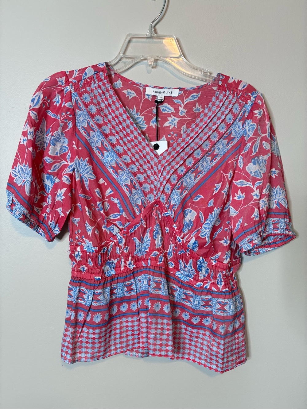 Rose + Olive Floral Boho Peplum Top Pink Blue Size Small NWT